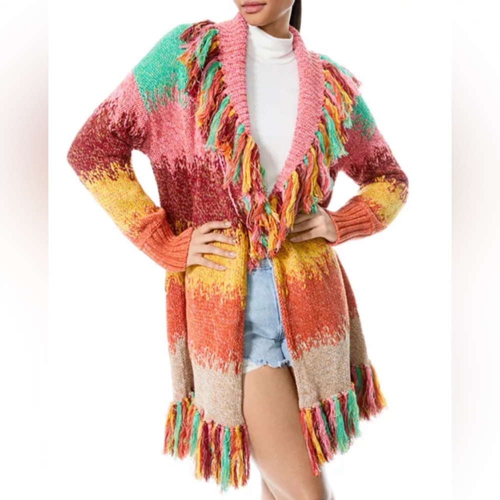 Alice+Olivia Multicolor Fringe Wool Cardigan Astrid Shawl Collar Jacket M/L Boho